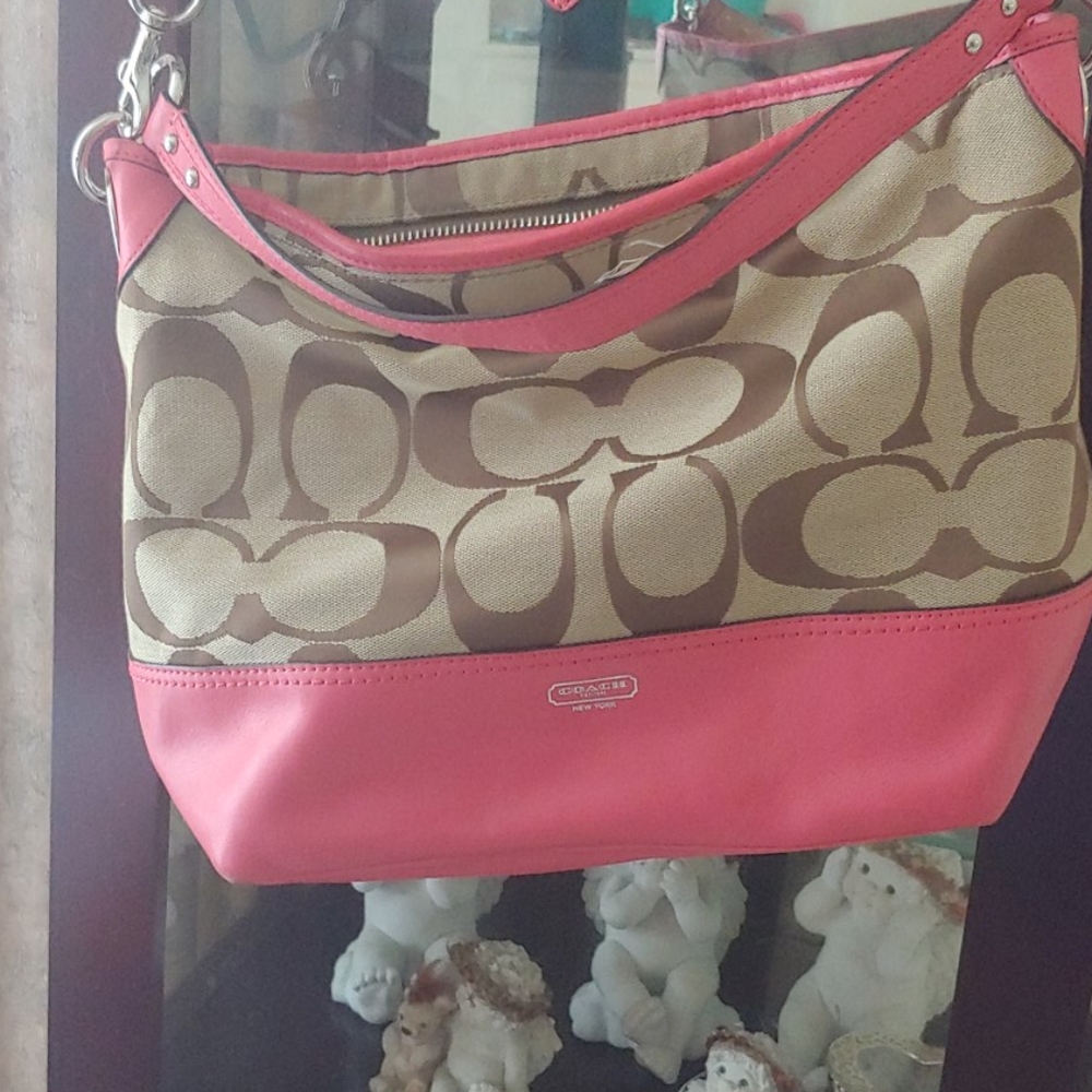 Tan and pink coach tote